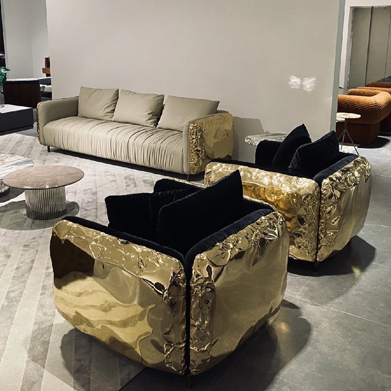 High-end luxury sectional sofa set furniture post-modern gold color pure copper living room sofas