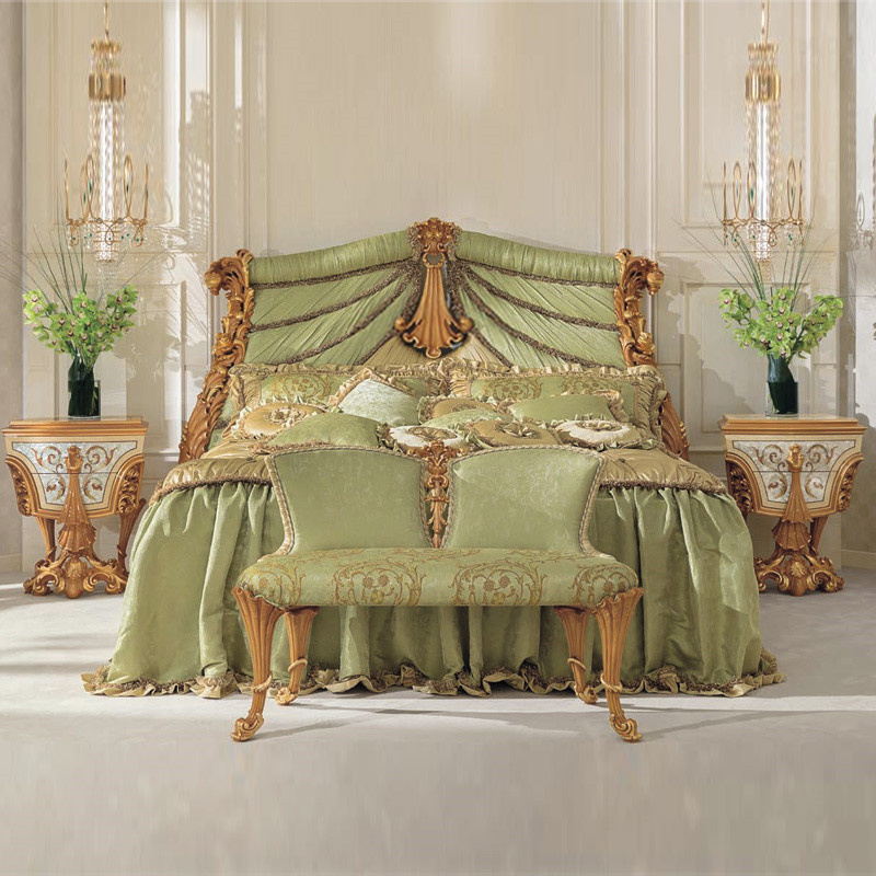 Luxury Style Royal Imperial Hand Made European Rococo Green Fabric Gold Leafing Antique Bed for Master Bedroom