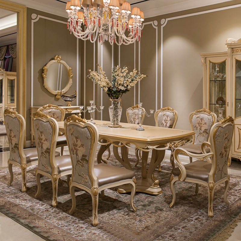 China formal elegant wood hand carving dining table classical luxury dinning table set 8 chairs dining room furniture