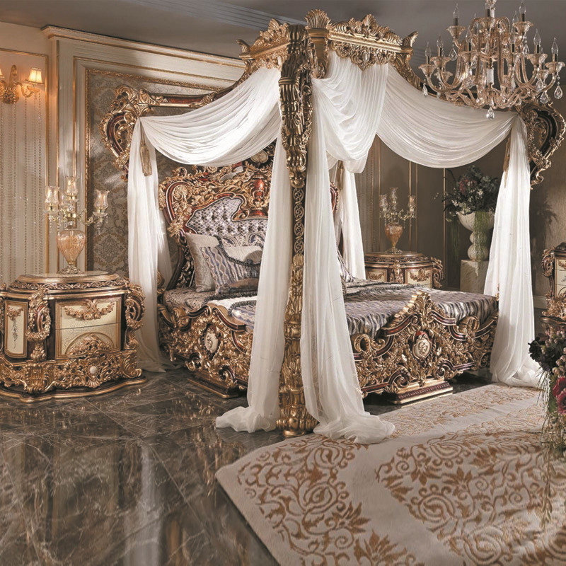 Luxury French Rococo Wood Carved Marquetry Canopy Bed Royal Four Poster King Size Bed Fancy European Bedroom Furniture