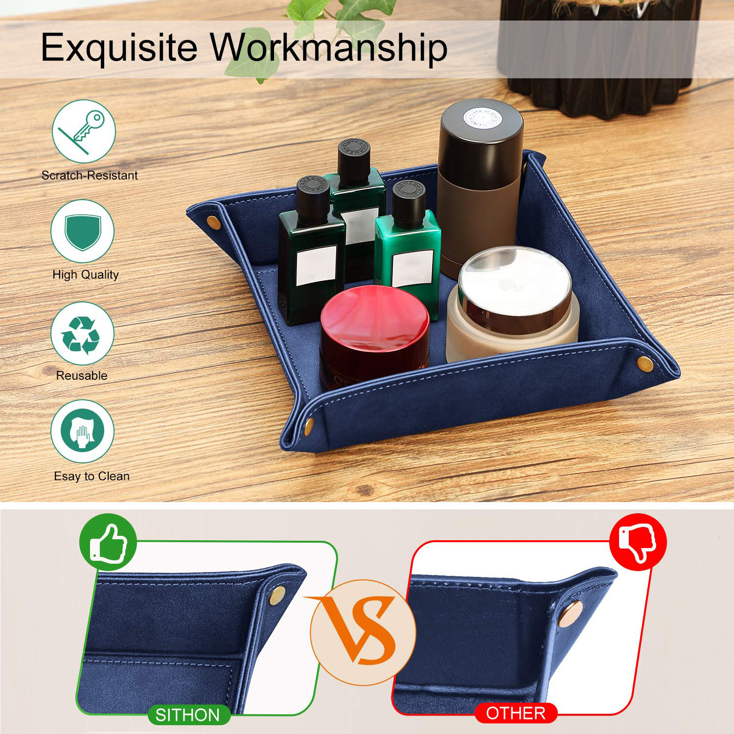 Men's Valet Tray Leather Bedside Table Jewelry Watch Key Storage Tray For Entry Table Dresser Table Top Premium PU Leather