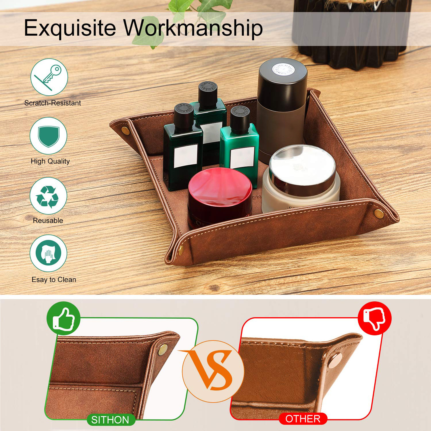 Valet Dice Tray Leather Bedside Table Jewelry Watch Key Storage Tray for Dresser Premium PU Leather Home Decoration Jewelry Box