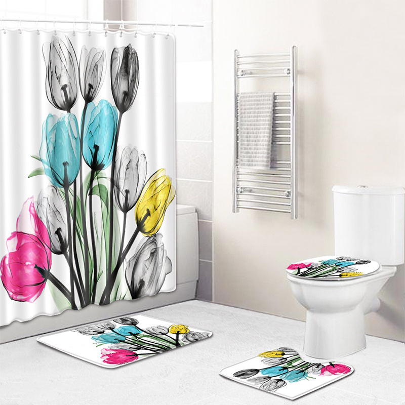 Bathroom 4 Piece Tulip Waterproof Mildew Resistant Polyester Shower Curtain Carpet Bathroom Partition Curtain With Hook