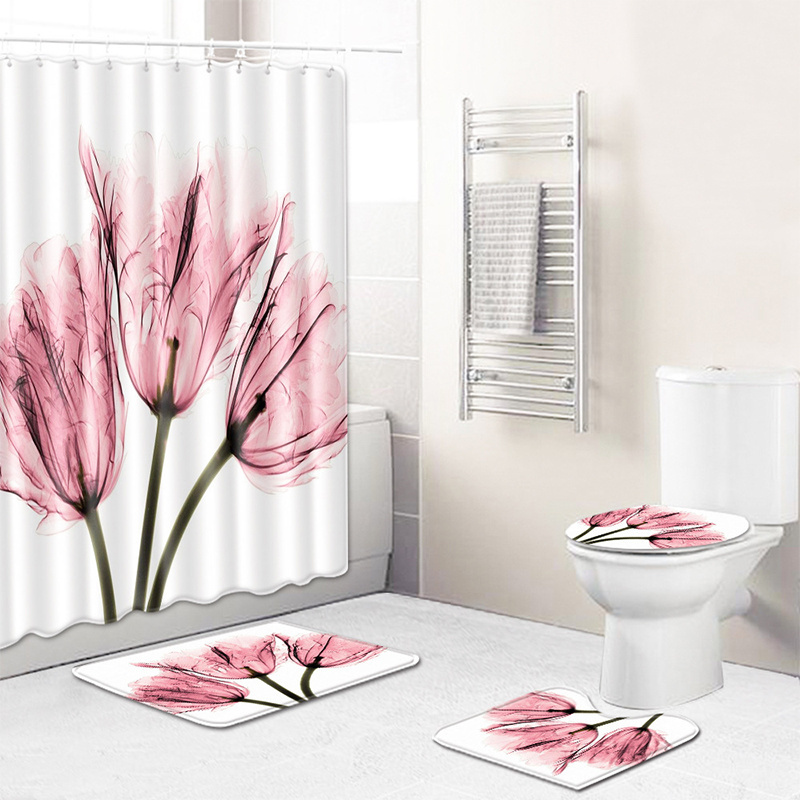 Bathroom 4 Piece Tulip Waterproof Mildew Resistant Polyester Shower Curtain Carpet Bathroom Partition Curtain With Hook