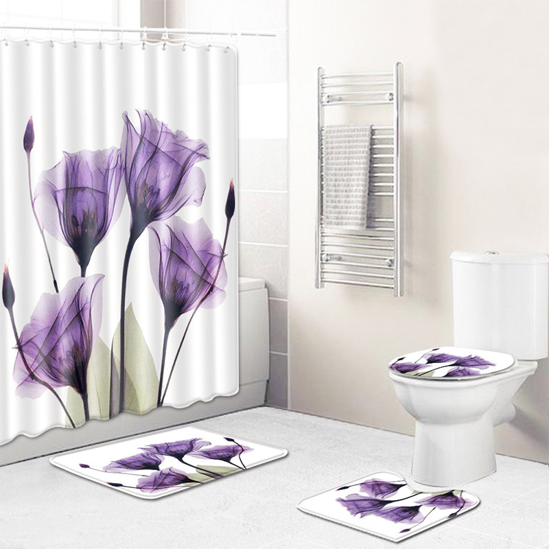 Bathroom 4 Piece Tulip Waterproof Mildew Resistant Polyester Shower Curtain Carpet Bathroom Partition Curtain With Hook