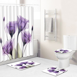 Bathroom 4 Piece Tulip Waterproof Mildew Resistant Polyester Shower Curtain Carpet Bathroom Partition Curtain With Hook