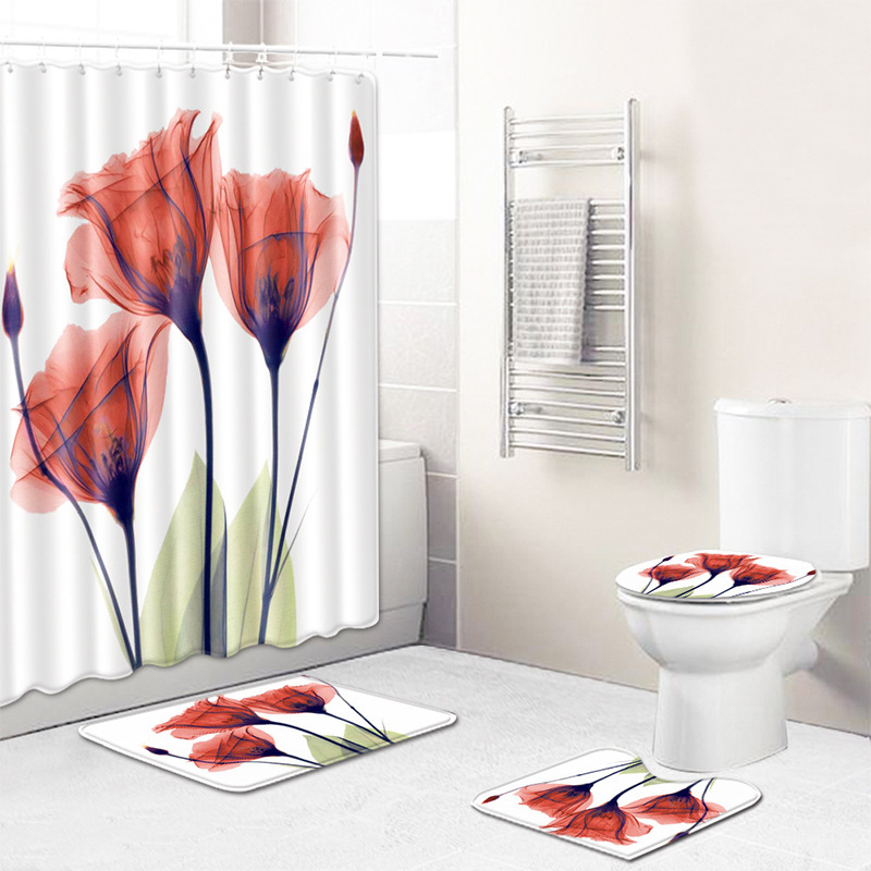 Bathroom 4 Piece Tulip Waterproof Mildew Resistant Polyester Shower Curtain Carpet Bathroom Partition Curtain With Hook