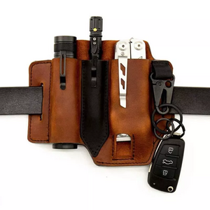 Leather Multitools Organizer Belt Sheath Holster Outdoor Camping Tactical Flashlight Case EDC Pocket Tools Pouch with Key Holder