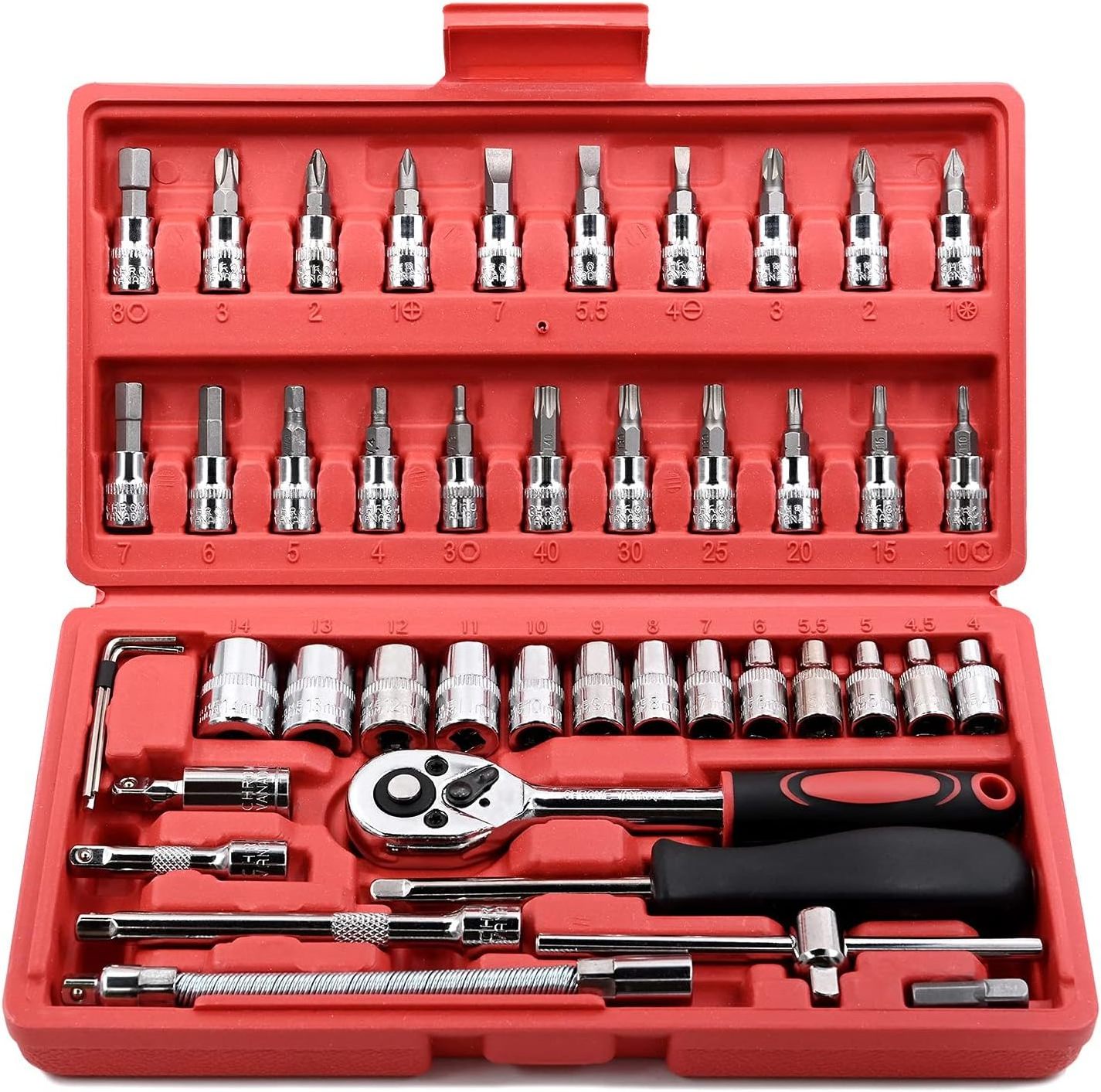 46Pcs Socket Set - 1/4 inch Drive Socket Ratchet Wrench Set Mechanic Tools Kit for Automotive Repair