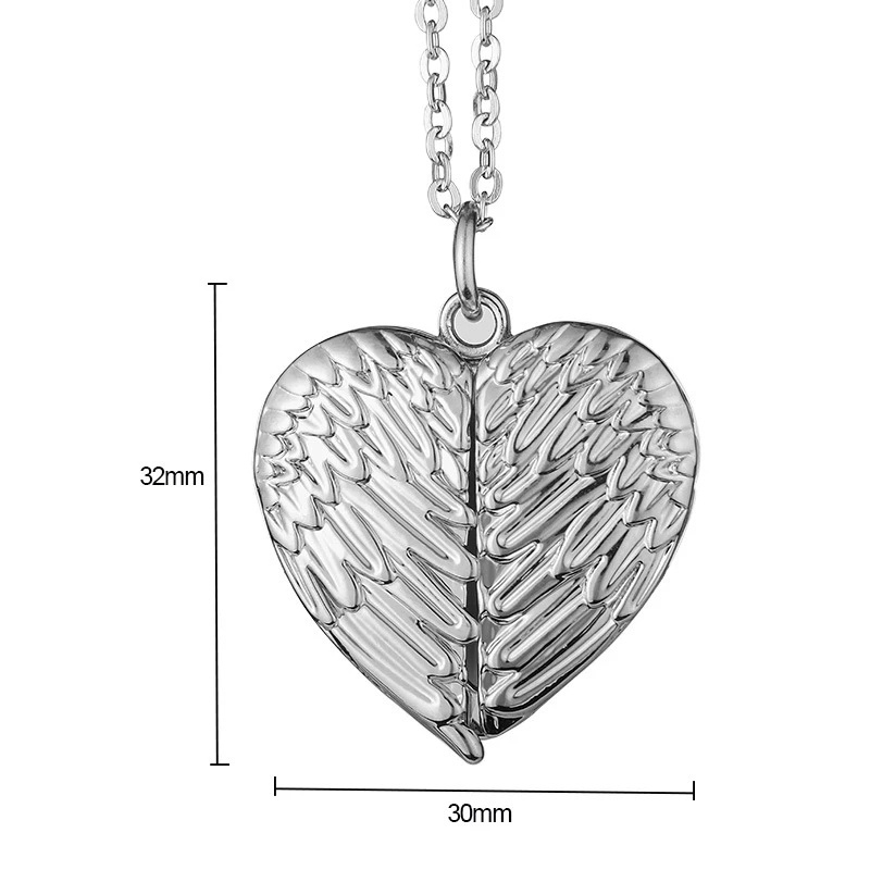 Guardian Angel Wing Feathered Locket Necklace Silvertone Deceased Memorial Jewelry Small HEART Photo Locket Pendant Necklace