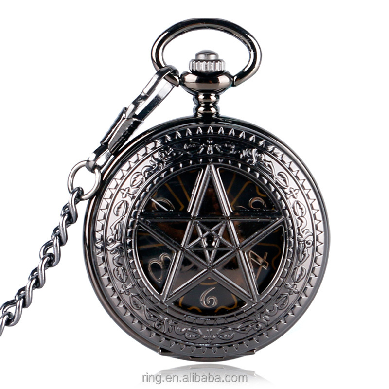 Pocket Watch Clock Hour Fob With Chain Supernatural Steampunk Pocket Watch Wind Up Pendant Mechanical Pentagram Pocket Watch