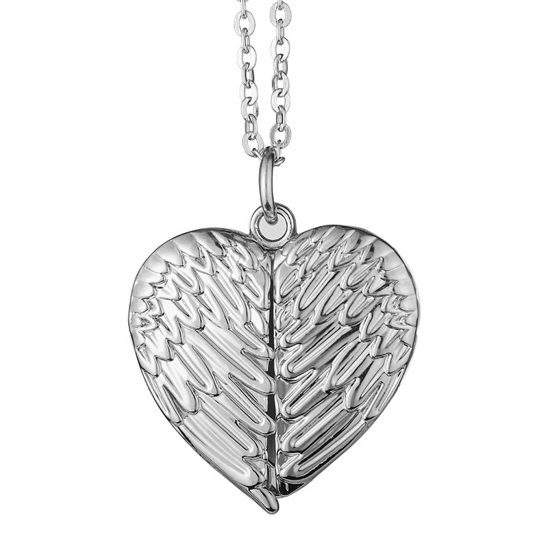 Guardian Angel Wing Feathered Locket Necklace Silvertone Deceased Memorial Jewelry Small HEART Photo Locket Pendant Necklace