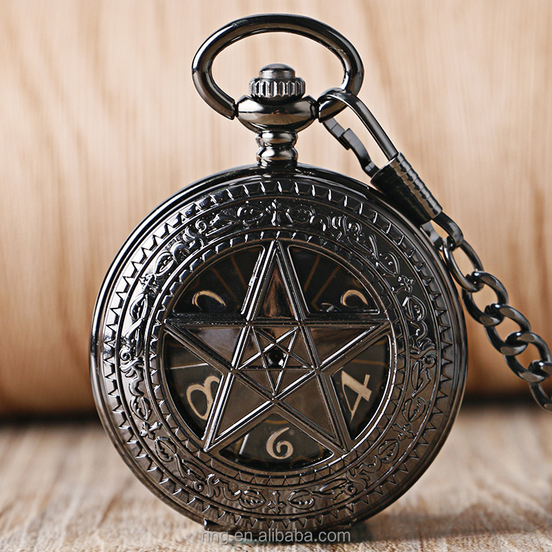 Pocket Watch Clock Hour Fob With Chain Supernatural Steampunk Pocket Watch Wind Up Pendant Mechanical Pentagram Pocket Watch