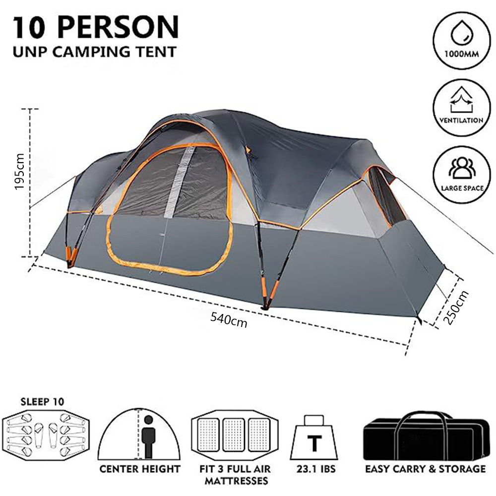 High Quality Custom 8-10 Person Big Tent Camping Waterproof 2 Bedrooms Family Large Outdoor Camping Tent 4 Season