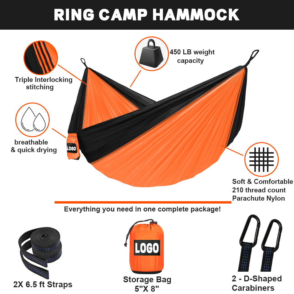 Ring camp Hot selling custom a travel 210T nylon 2 person parachute hammock portable two person camping hammock outdoor