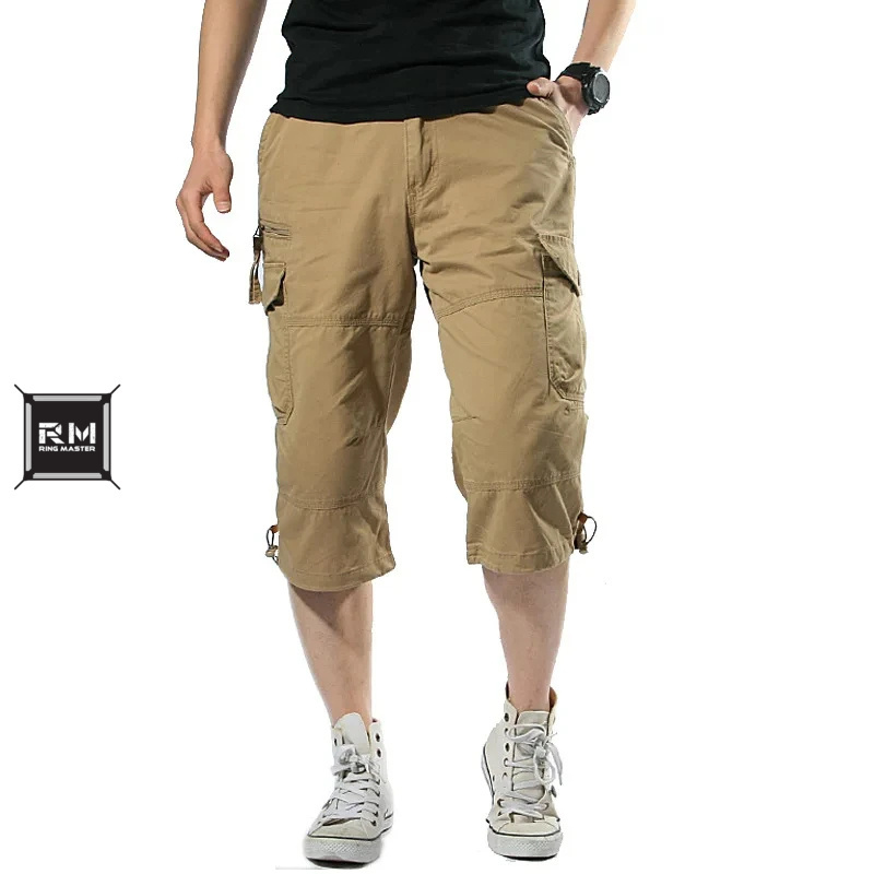 Long Length Cargo Shorts Men Summer Multi Pocket Casual Cotton Elastic Capri Pants Men Tactical Short Hot Breeches Shorts For Ma