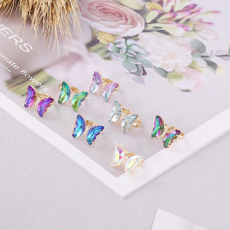 2021 New Popular Glass Crystal Butterfly Ring Gradient Color Golden Cocktail Rings Opening Adjustable Size Gift Jewelry