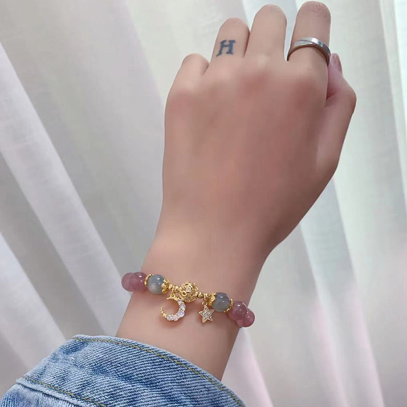 Exquisite Friendship Pink Crystal Bracelets Women Cute Bunny Star Opal Zircon Moon Stone Bead Bracelet Sister Easter Rabbit Gift