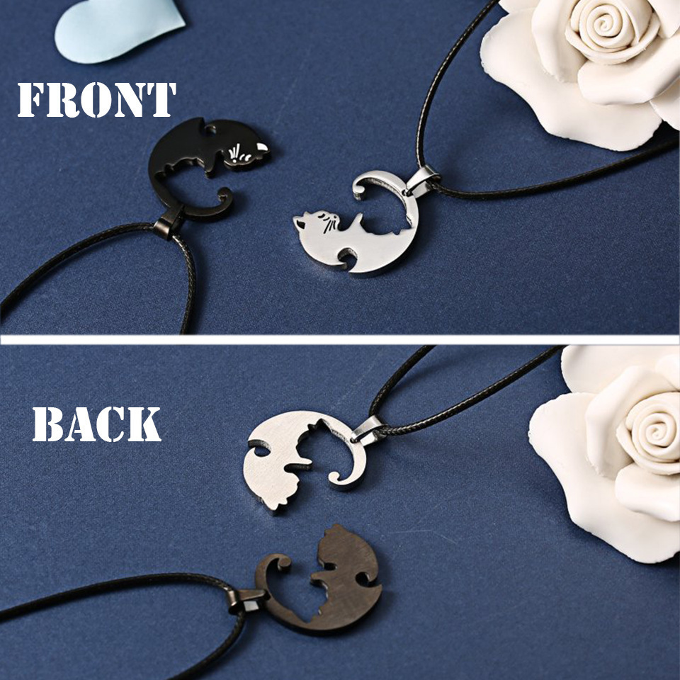 Matching Yin Yang Cat Necklace Valentine's Day Gift 2pcs/Pair Round Heart Pendant Best Friend Couples Stainless Steel Jewelry