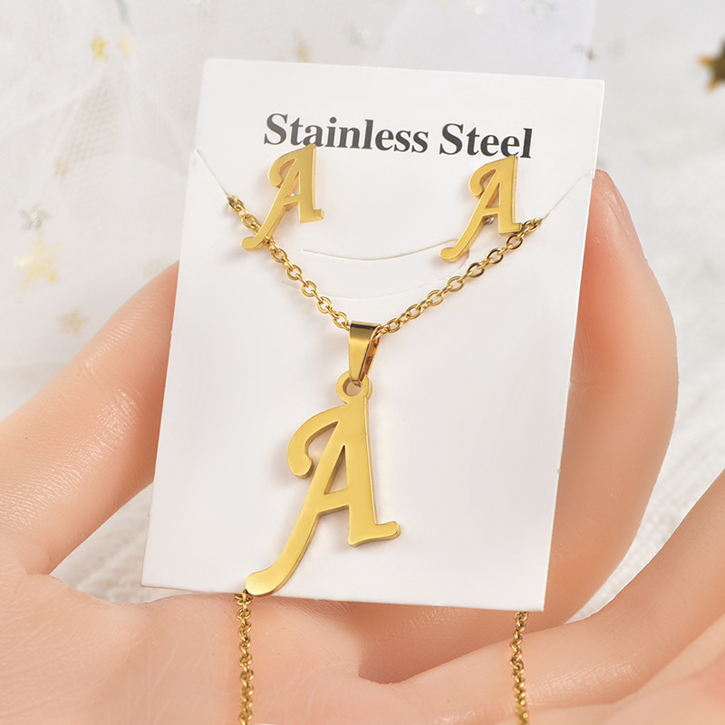 Rinhoo Gold Plated Stainless Steel Necklace 26 Letters Alphabet Initial Women Men Personality Necklace Earring Jewelry Set