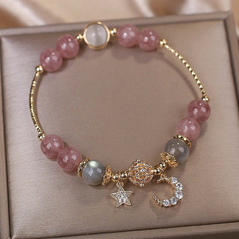 Exquisite Friendship Pink Crystal Bracelets Women Cute Bunny Star Opal Zircon Moon Stone Bead Bracelet Sister Easter Rabbit Gift