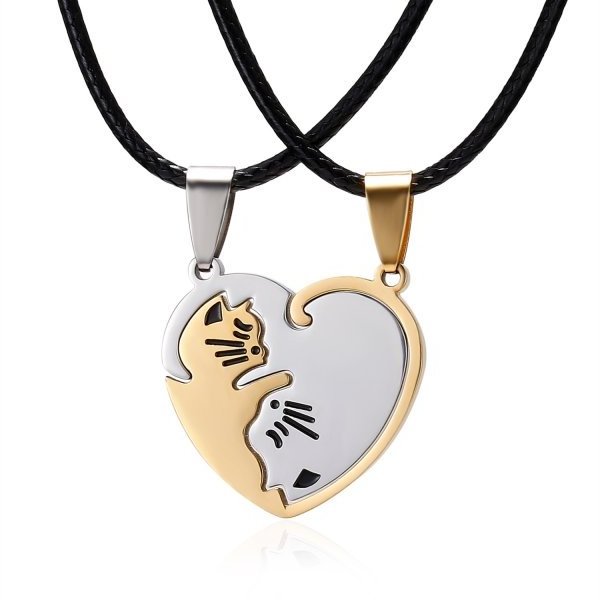 Matching Yin Yang Cat Necklace Valentine's Day Gift 2pcs/Pair Round Heart Pendant Best Friend Couples Stainless Steel Jewelry