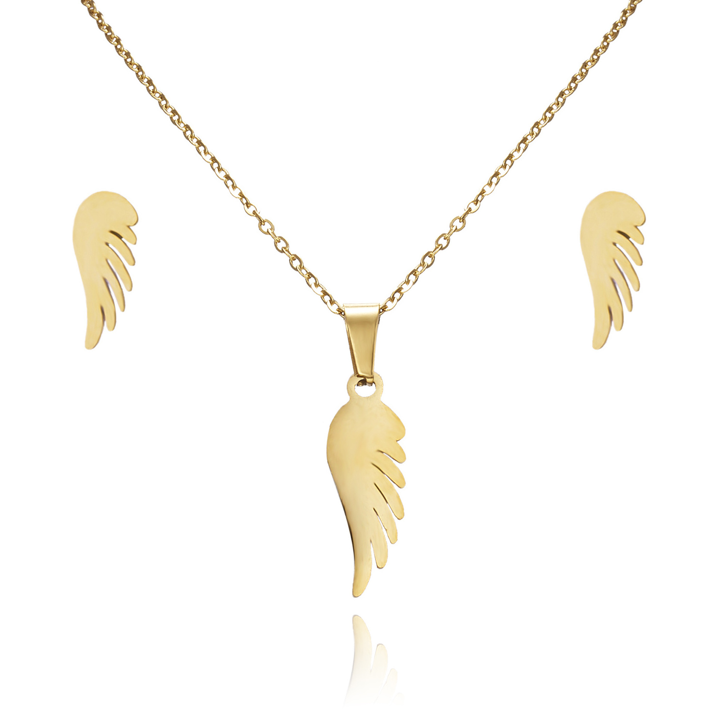 New Fashion Bridal Gold Stainless Steel Fish Bone Wing Horse Flower Pendant Necklace Earrings Jewelry Set For Women