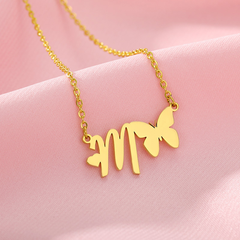 Rinhoo 2023 Trend Butterfly With Initials Necklace For Women Fashion Charm Letter Jewelry Stainless Steel Chain Friendship Gifts