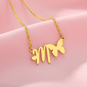 Rinhoo 2023 Trend Butterfly With Initials Necklace For Women Fashion Charm Letter Jewelry Stainless Steel Chain Friendship Gifts