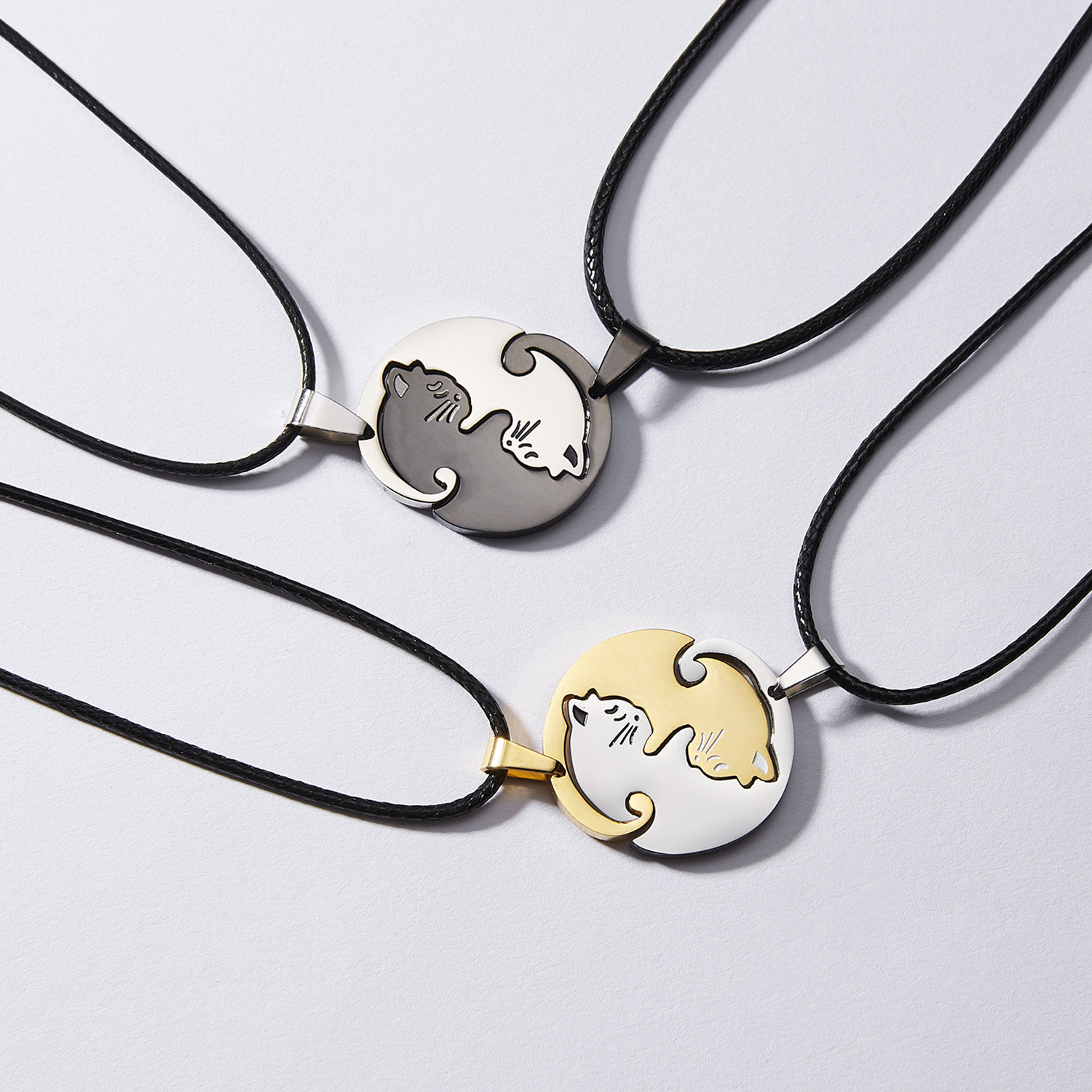 Matching Yin Yang Cat Necklace Valentine's Day Gift 2pcs/Pair Round Heart Pendant Best Friend Couples Stainless Steel Jewelry