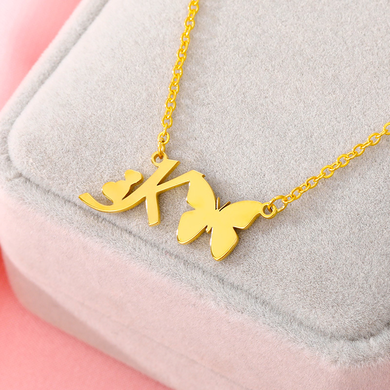 Rinhoo 2023 Trend Butterfly With Initials Necklace For Women Fashion Charm Letter Jewelry Stainless Steel Chain Friendship Gifts