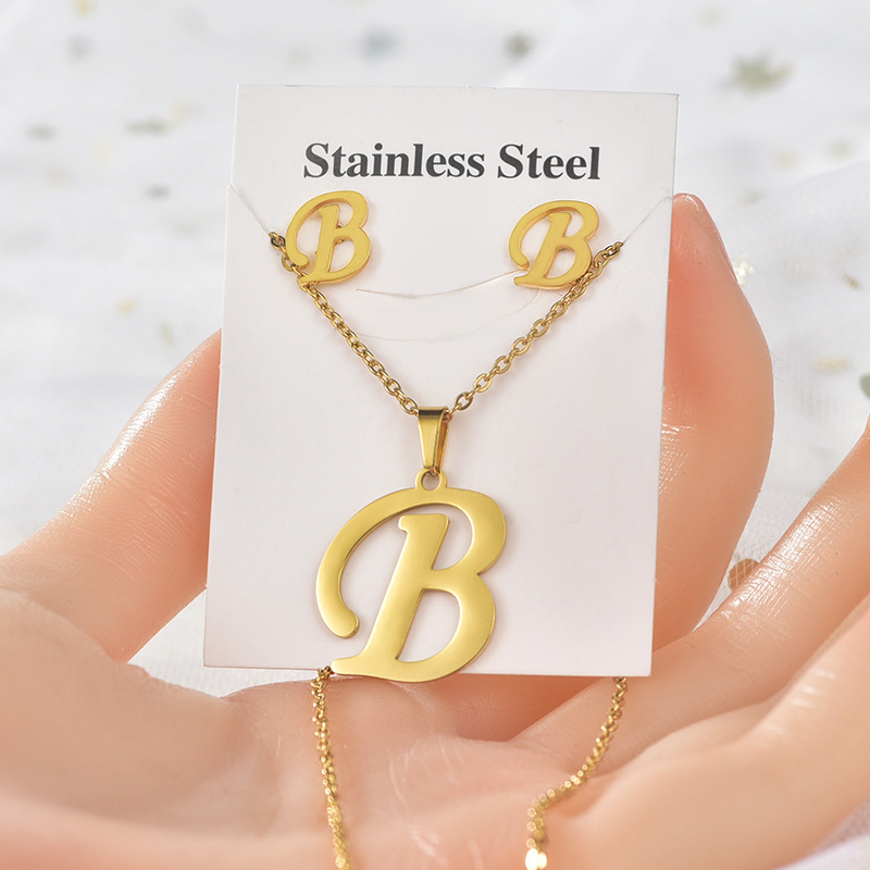 Rinhoo Gold Plated Stainless Steel Necklace 26 Letters Alphabet Initial Women Men Personality Necklace Earring Jewelry Set