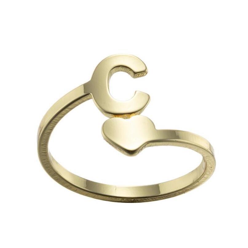 Stainless Steel Initial 26 Alphabet Letter Heart Gold Plated Adjustable Open Ring Birthday Anniversary Gift for Women