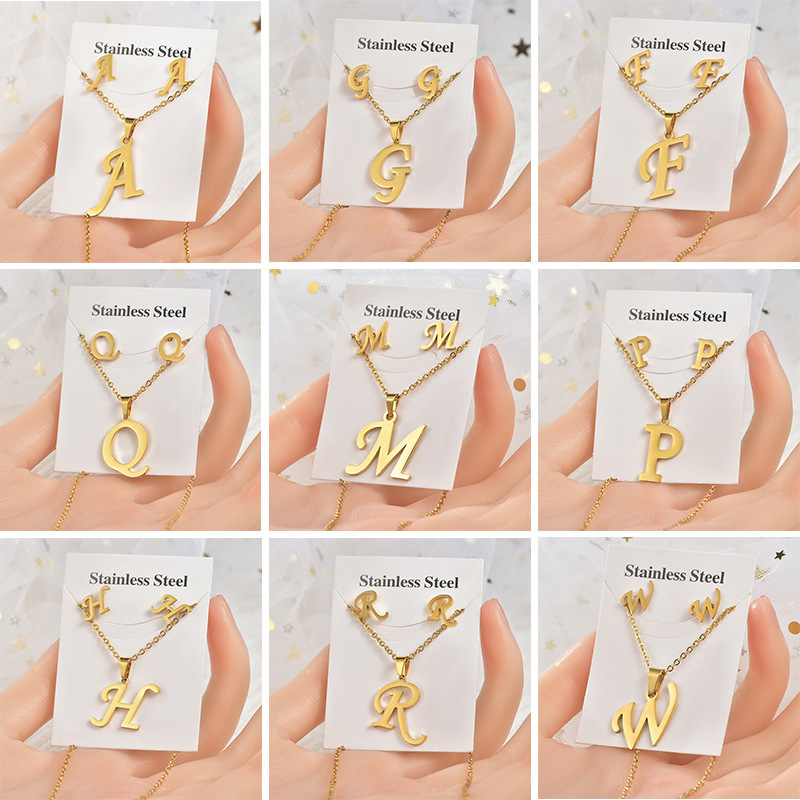 Rinhoo Gold Plated Stainless Steel Necklace 26 Letters Alphabet Initial Women Men Personality Necklace Earring Jewelry Set