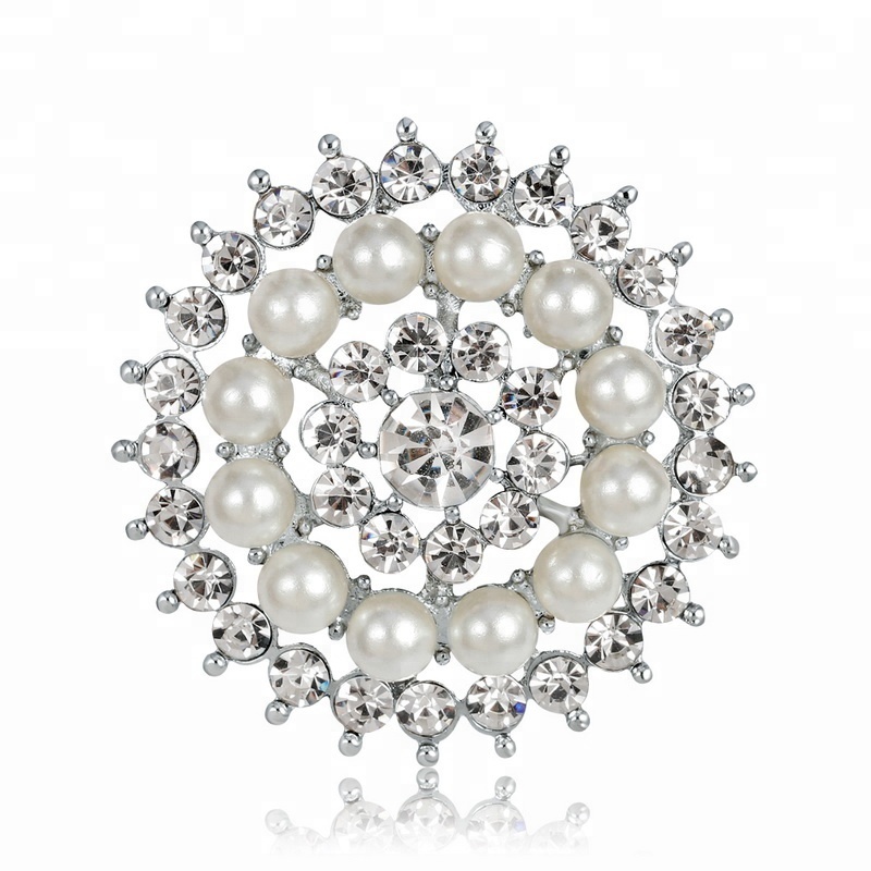 Fashion Charm Rhinestone Simulated Pearl Silver-color Flower Brooches Pins For Women Jewelry