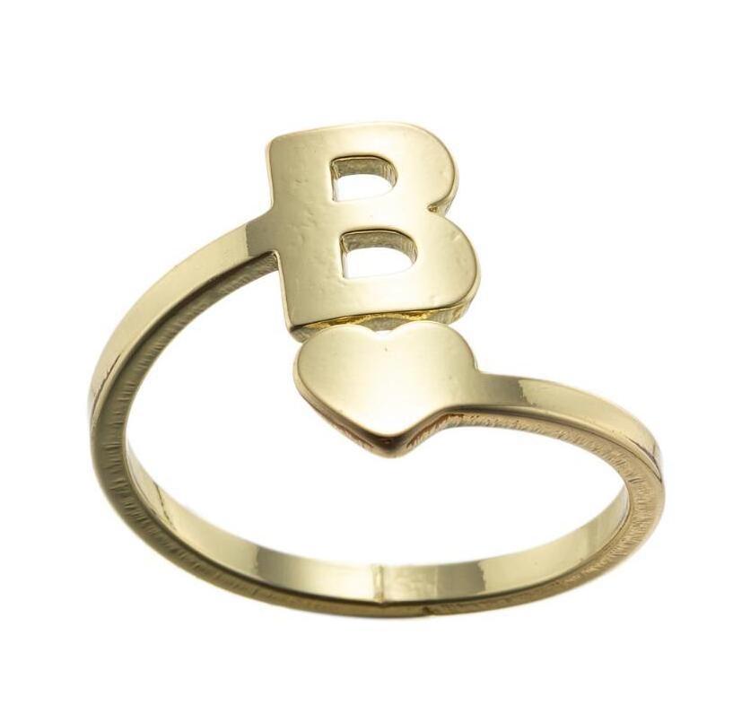 Stainless Steel Initial 26 Alphabet Letter Heart Gold Plated Adjustable Open Ring Birthday Anniversary Gift for Women