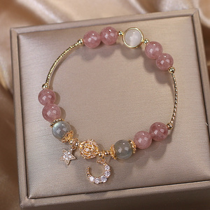 Exquisite Friendship Pink Crystal Bracelets Women Cute Bunny Star Opal Zircon Moon Stone Bead Bracelet Sister Easter Rabbit Gift