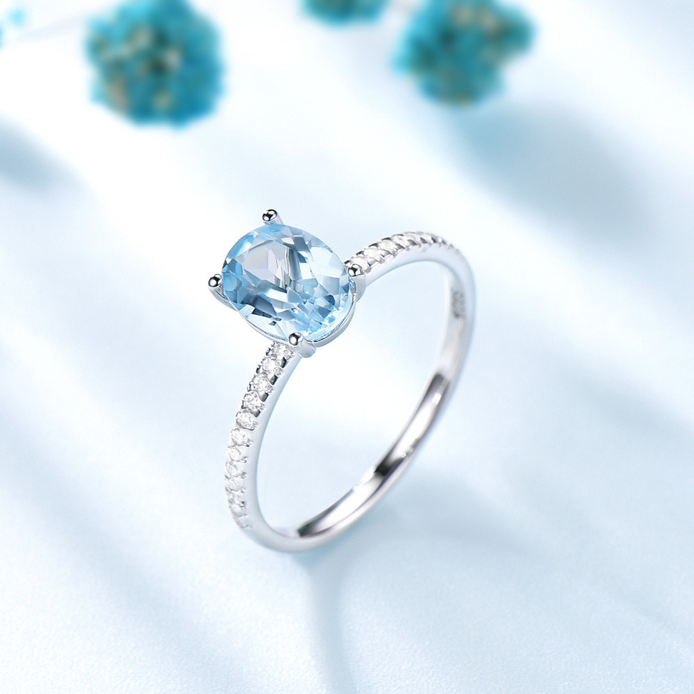 RINNTIN VSR21 Blue Zircon Fashion Rings 925 Sterling Silver Prong Setting Oval Cut Blue Cubic Zirconia Side Stone Women Rings