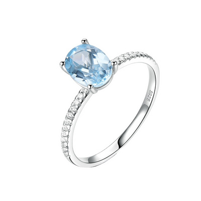 RINNTIN VSR21 Blue Zircon Fashion Rings 925 Sterling Silver Prong Setting Oval Cut Blue Cubic Zirconia Side Stone Women Rings