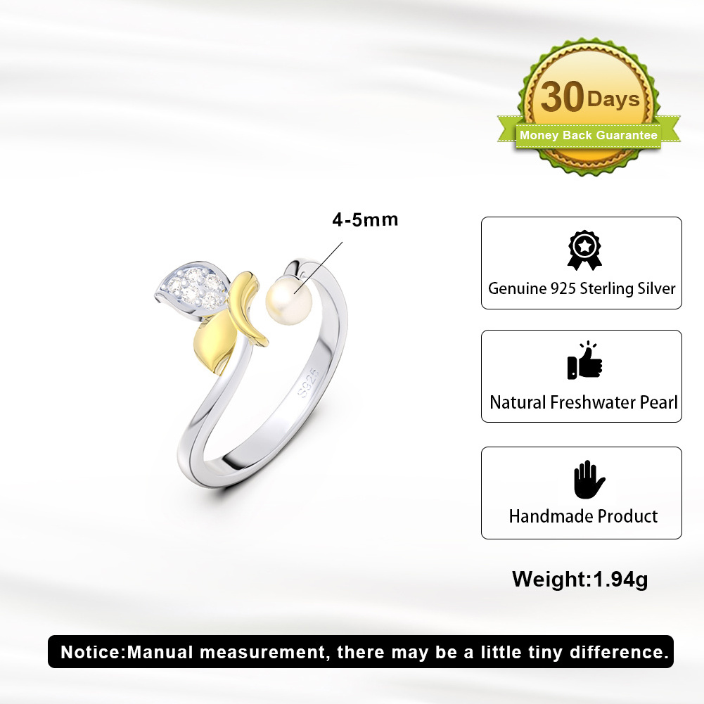 RINNTIN GPR15 Dainty Cultured Freshwater Pearl Ring Cute 925 Sterling Silver PVD 14K Gold Plated Adjustable Women Rings