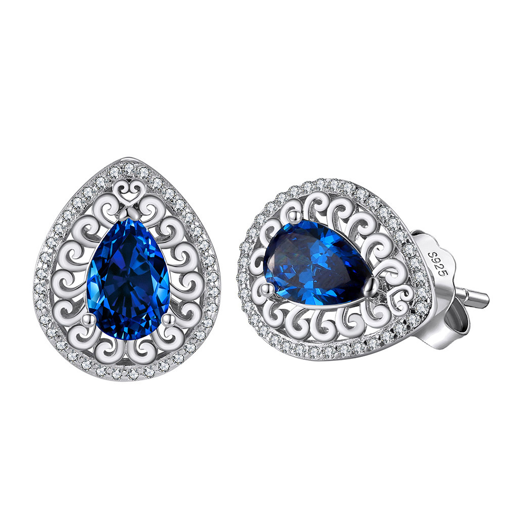 RINNTIN Full Diamond Elegant Rhodium Plated Blue Drop-shaped Fine Silver Earrings Blue Zircon Earring Detachable Earrings