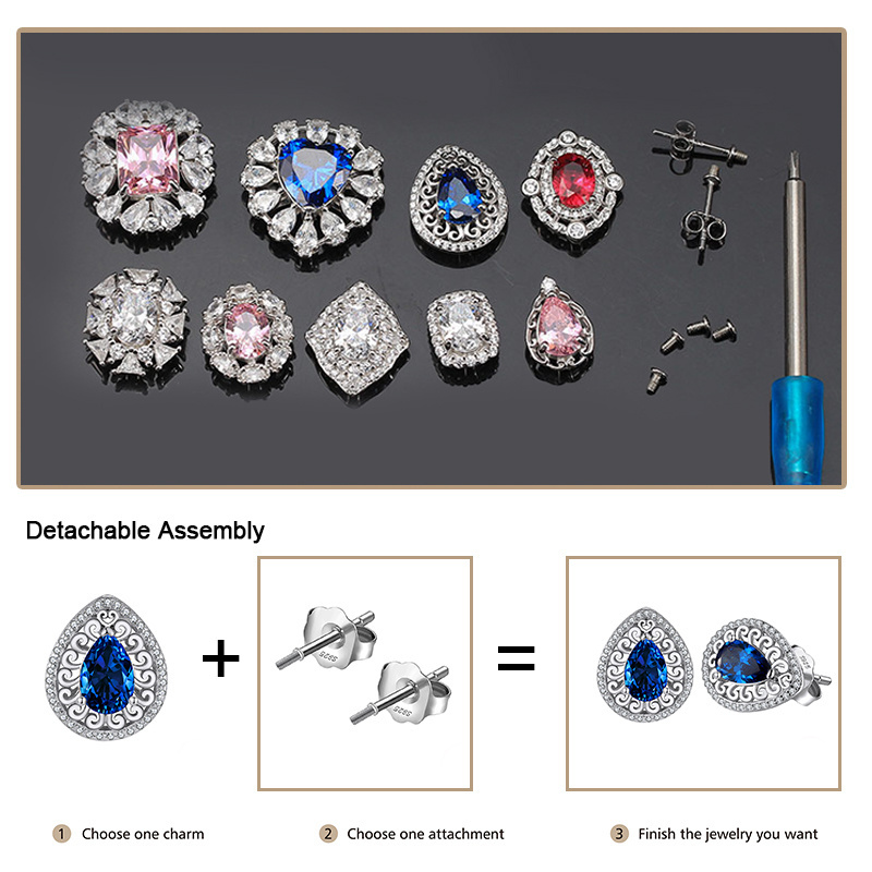 RINNTIN Full Diamond Elegant Rhodium Plated Blue Drop-shaped Fine Silver Earrings Blue Zircon Earring Detachable Earrings