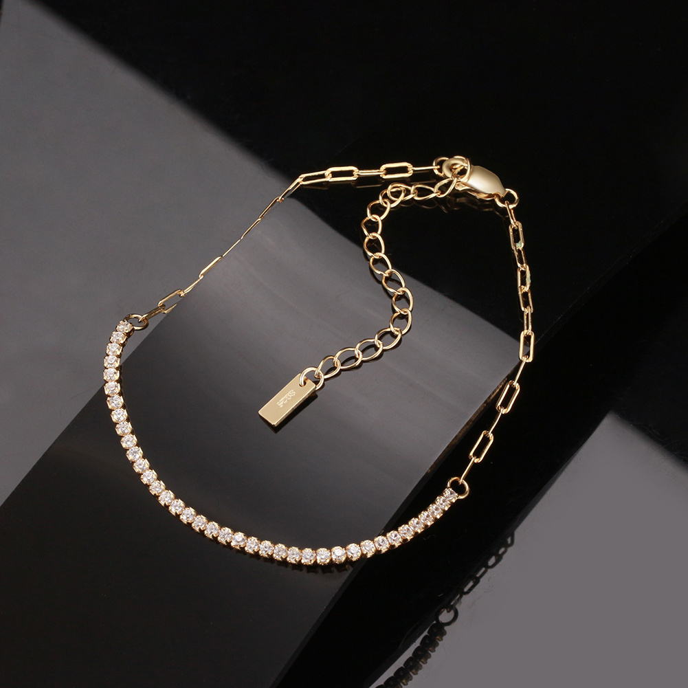 RINNTIN SB141 Wholesale Silver Jewelry 925 Sterling Silver Half Paperclip Chain Half Tennis Bracelet With CZ 14K Gold Plated