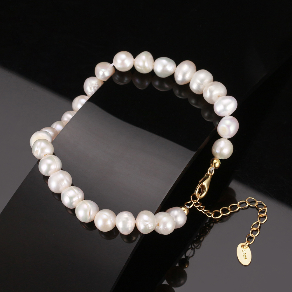 RINNTIN GPB10 Wholesale 925 Silver Pearl Bracelet Natural Baroque Freshwater Pearls Beads Chain Gold Plated Bracelets for Women