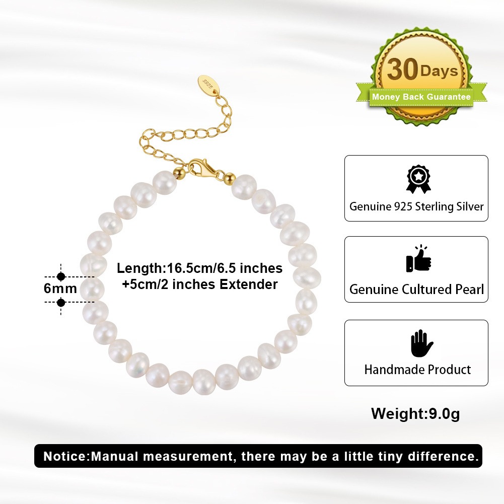 RINNTIN GPB10 Wholesale 925 Silver Pearl Bracelet Natural Baroque Freshwater Pearls Beads Chain Gold Plated Bracelets for Women