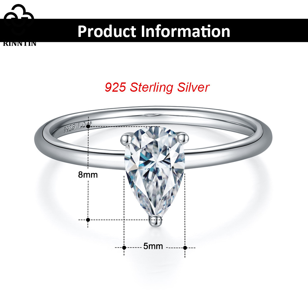 RINNTIN SMR58 Unique Design Fine Rings Jewelry Women 925 Sterling Silver Excellent Cut Pear Moissanite Ring