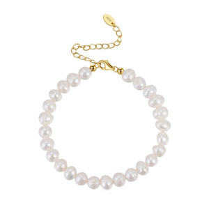 RINNTIN GPB10 Wholesale 925 Silver Pearl Bracelet Natural Baroque Freshwater Pearls Beads Chain Gold Plated Bracelets for Women