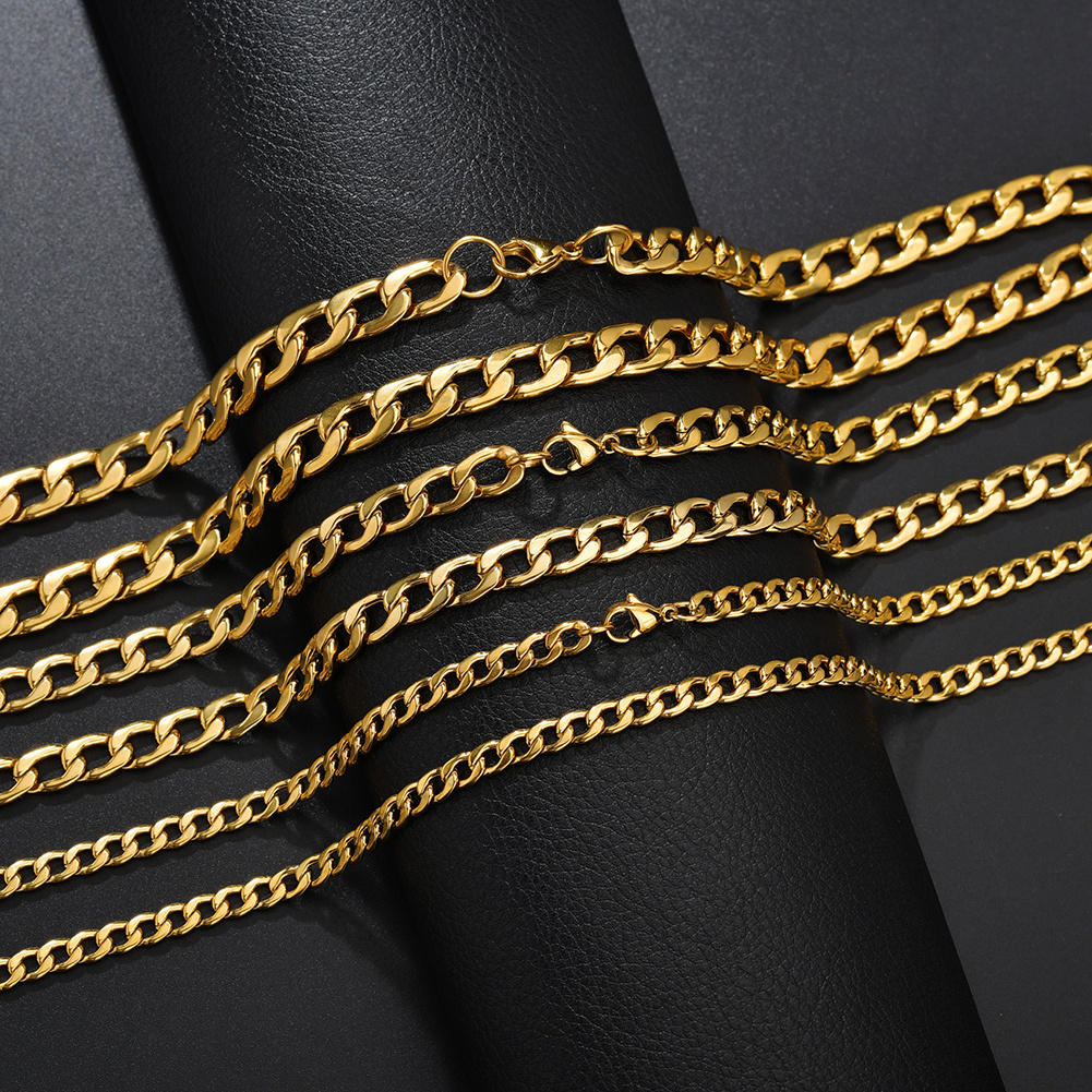 RINNTIN Fashion Jewelry 3/5/7/9/11/13mm Men Necklace Chains Gold Black Silver Color Stainless Steel Miami Curb Cuban Link Chains