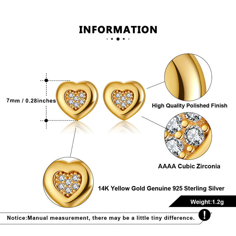 RINNTIN APE01 Fashion 14k Gold Plated Heart Shape Stud Earrings 925 Sterling Silver Earrings Jewelry For Women