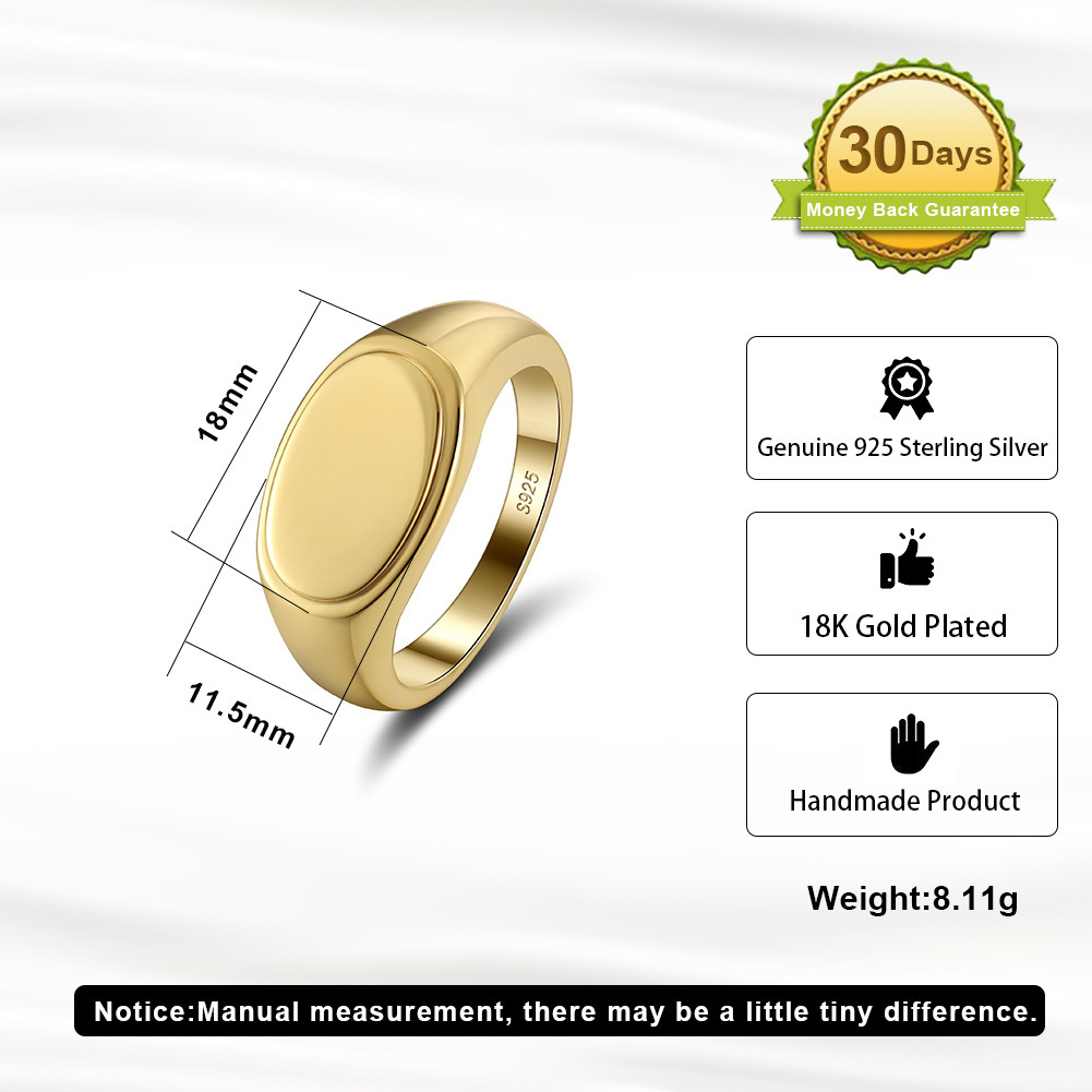 Rinntin NMR06 New Designer Flat Oval Bar Gold Signet Pinky Signet 18K Gold 925 Sterling Silver Ring For Women Men